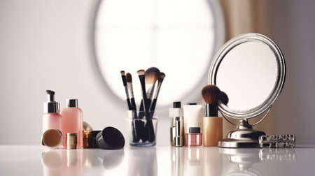 A Collection of Cosmetics and Vintage Mirror on a White Table, Bathed in Soft Light. Generative AIの素材
