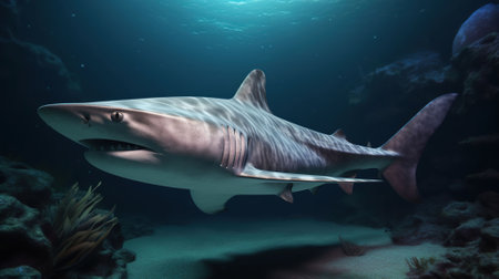 Encounter the Dazzling Sawtooth Shark in the Depths of the Ocean. Generative AIの素材