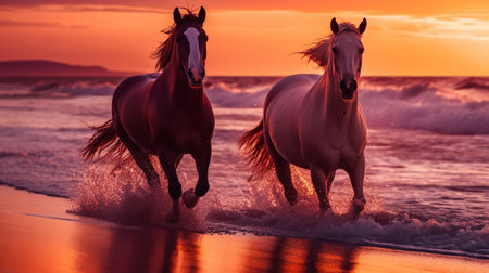 Wild horses running along the beach, vivid images, beautiful waves, sunrise, pink and orange sky, highly detailed, Generative AIの素材
