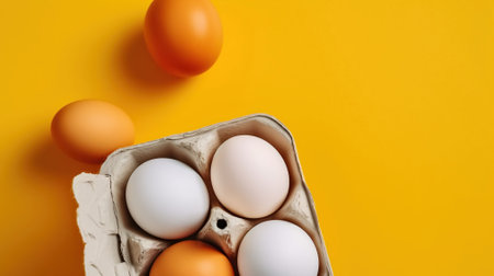 Top view of eggs in shell in package on yellow background. Generative AIの素材