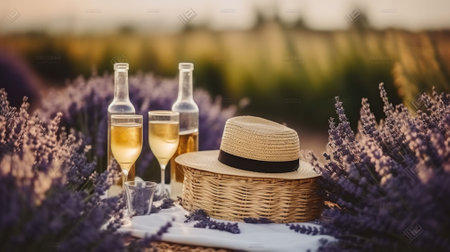 Two glasses with white wine and bottle on background of a lavender field. Straw hat and basket with flowers lavender on a blanket on picnic. Romantic evening in sunset rays. Generative AIの素材