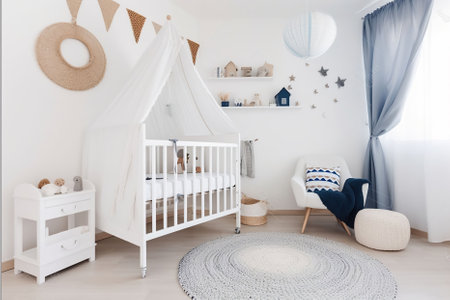 Elegantly Simple, Unisex Minimalist Nursery with a White Crib and Chic DÃ©cor. Generative AIの素材