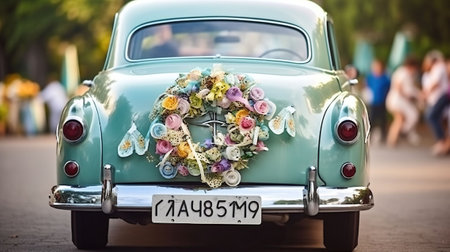 Wedding couple in car decorated and cans outdoors, Generative AIの素材