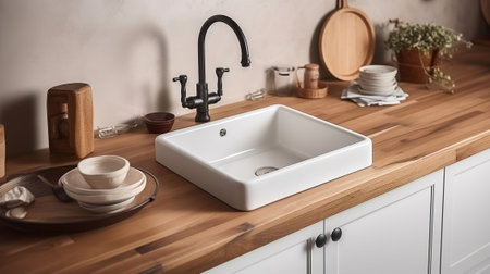 Wooden counter with ceramic sink in kitchen. Generative AIの素材