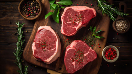 Savor the Flavors, Raw Meat Steaks with Fresh Seasonings on a Rustic Wooden Canvas. Generative AIの素材