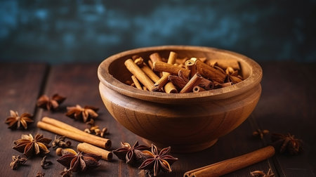 Wooden bowl with cinnamon sticks and anise on table. Generative AIの素材