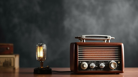 Retro radio and microphone on table against light wall. Generative AIの素材