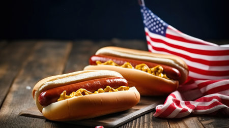 USA national holiday Labor Day, Memorial Day - hot dogs with ketchup and mustard on wood background, Generative AIの素材