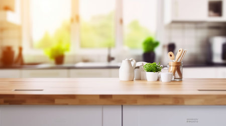 Wooden table top on blur kitchen room and window background. Generative AIの素材