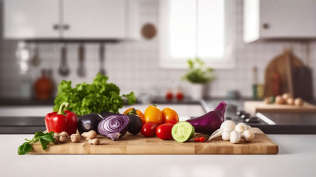 Wooden table with vegetables on top over blurred kitchen interior. Generative AIの素材