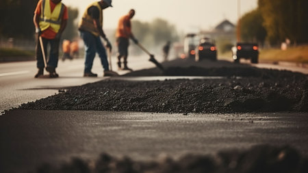 Road workers with shovels in their hands throw forked asphalt on a new road. Road service repairs the highway. Generative AIの素材
