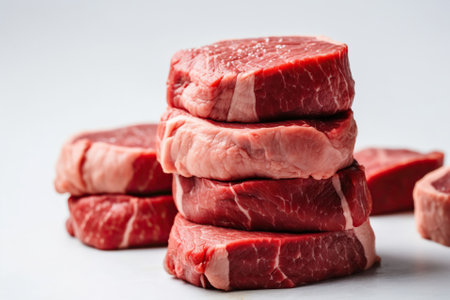 Beef stew steak stack of red raw beef steaks on the white background, in the style of focus stacking. Generative AIの素材