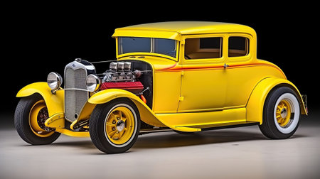 Sizzling Vintage Vibes, Retro Yellow Hot-Rod with Wide Whitewalled Tires. Generative AIの素材