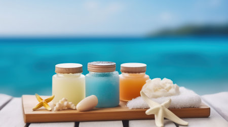 Spa massage products on wood over blurred blue sea background. Generative AIの素材