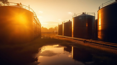 The chemical tanks gleam in the sunlight, holding valuable substances. Generative AIの素材