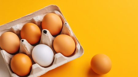 Eggs in shell in package on yellow background, Top View. Generative AIの素材