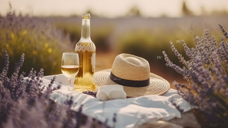 Two glasses with white wine and bottle on background of a lavender field. Generative AIの素材