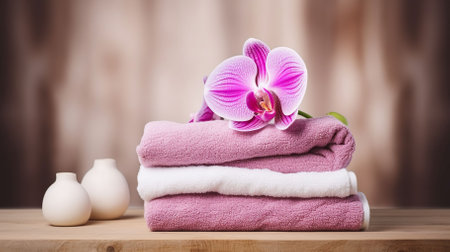 Spa towels on wooden table and orchid over abstract background. Generative AIの素材