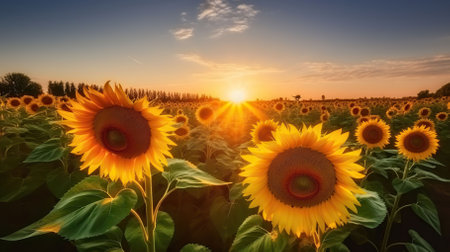 Golden Embrace, Sunflowers Basking in the Sunset Glow on a Vast Field, Generative AIの素材