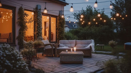 Twilight Tranquility, Summer Evenings on the Terrace of a Beautiful Suburban House, Adorned with Wicker Furniture and Delicate Lights. Generative AIの素材
