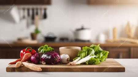 Wooden Table with Fresh Vegetables atop a Blurred Kitchen Interior. Generative AIの素材
