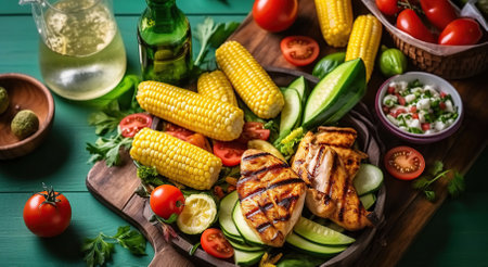 Summer bbq party concept - grilled chicken, vegetables, corn, salad, copy space. Generative AIの素材