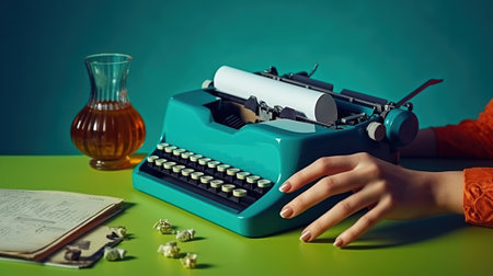 Anonymous person at table with glass of wine and old typewriter. Generative AIの素材