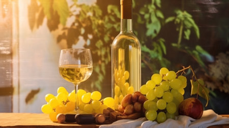 Capturing the Essence of Sun-Drenched White Grapes in a Bottle of Wine. Generative AIの素材