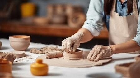 Cropped unrecognizable female artisan in apron sitting at table and rolling clay slab with pin while creating earthenware during pottery class, Generative AIの素材