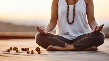 Crop anonymous female in white blouse practicing yoga with solemnly outdoors. Generative AIの素材