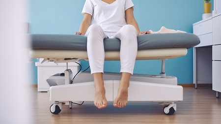 Anonymous, barefoot female sitting on comfortable massage table bed in clinic and waiting for doctor to examine legs and feet to relieve pain, Generative AIの素材