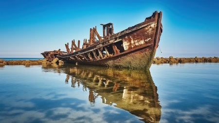 Sunlit Sky Above the Ruins of an Old Shipwreck, its Board Riddled with Holes. Genertive AIの素材