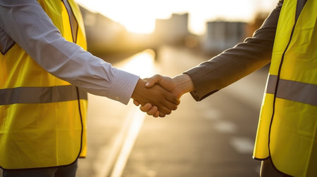 Faceless anonymous engineers in yellow waistcoat uniform shaking hands while standing on city street over blurred landscape with sunlight, Generative AIの素材