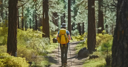 Anonymous hiker with backpack and trekking poles walking on a path in the forest with tall trees during a hiking. Generative AIの素材
