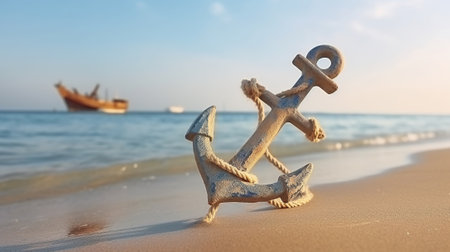 Anchor with rope on sand near sea. Generative AIの素材
