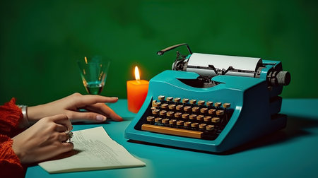 Anonymous person at table with glass of wine and old typewriter. Generative AIの素材