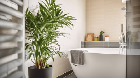 Sunlit Modern Bathroom with a Potted Plant Adorned near the Bathtub and Glass Shower Cabin. Generative AIの素材