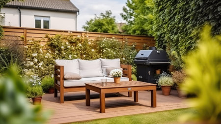 Cozy wooden table and soft sofa and grill placed in backyard with green garden near contemporary residential building, Generative AIの素材