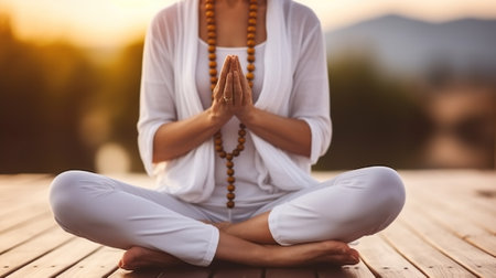 Crop anonymous female in white blouse practicing yoga with solemnly outdoors. Generative AIの素材