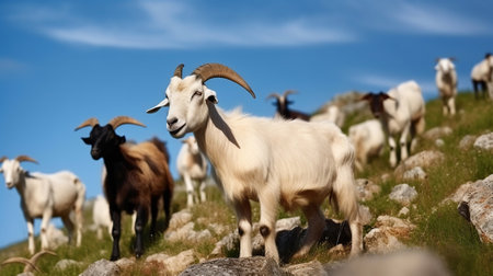 Herd of domestic mountain goats grazing on green grassy rocky hill in countryside with blue sky. Generative AIの素材