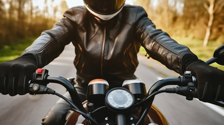 Unrecognizable biker in protective helmet and cozy leather jacket with hand gloves. Generative AIの素材