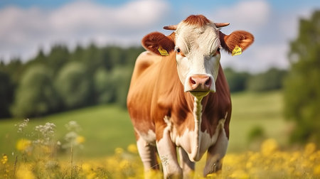 A Delighted Single Cow Enjoys a Sunny Summer Day on the Meadow. Generative AIの素材