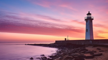 Captivating Evening Skies and Coastal Colors Embracing the Sea and Lighthouse. Generative AIの素材