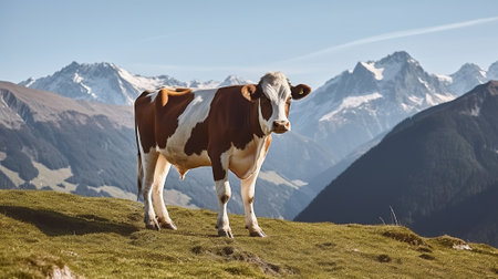 Serene Beauty, A Cow Grazing in the Alpine Meadows, Surrounded by Snow-Capped Mountains. Generative AIの素材