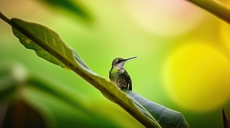 Small colibri sitting on green leaf on blurred background of verdant foliage. Generative AIの素材