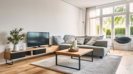Comfortable corner couch and wooden table placed in front of modern TV set in cozy spacious lounge room, Generative AIの素材