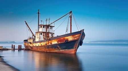 Old ship in front of pier in long exposure of water in summer day, Generative AIの素材