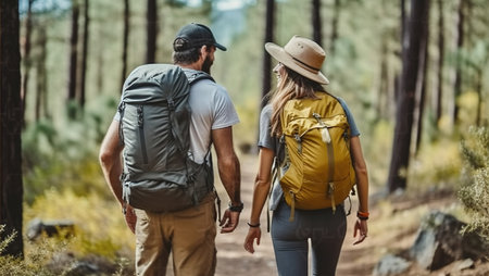 Cheerful couple of hikers in casual clothes with backpacks walking on path in forest and smiling during hiking trip. Generative AIの素材