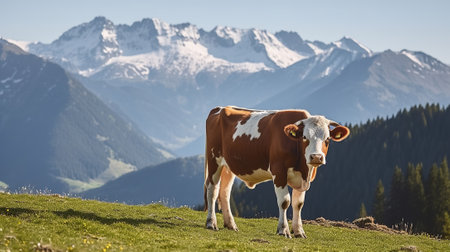 A Picturesque Scene of a Cow at Peace in the High Meadows, Towering Snowy Mountains as the Backdrop. Generative AIの素材
