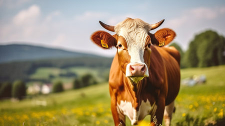 A Gleeful Bovine Soaks up the Sun on a Sunny Summer Meadow. Generative AIの素材